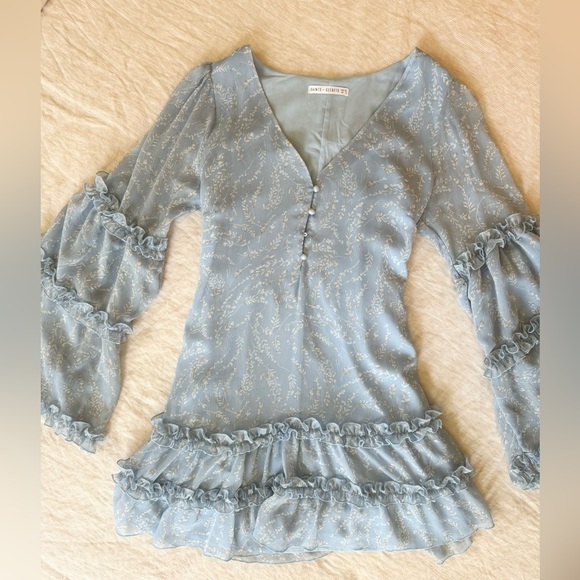 Blue ruffle sheer sleeve dress, A-line with small tie belt, mini - Picture 2 of 2